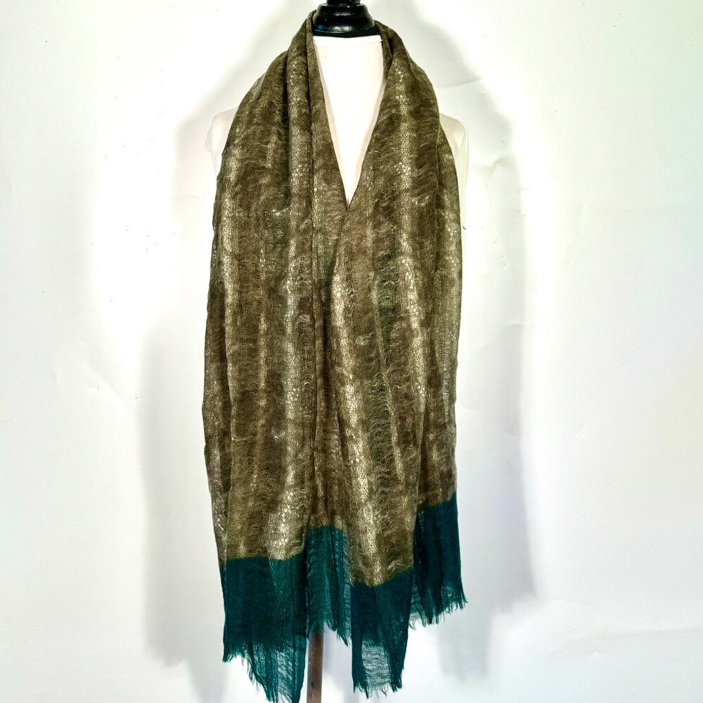 NWOT 100% wool, long, teal green-gold-brown-tan scarf. New without tags.
